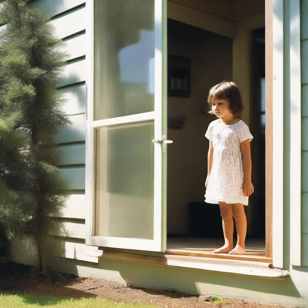 A young child standing inside a house, looking out of a window with a longing expression