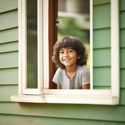 A young child standing inside a house, looking out of a window with a longing expression