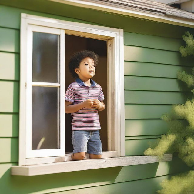 A young child standing inside a house, looking out of a window with a longing expression