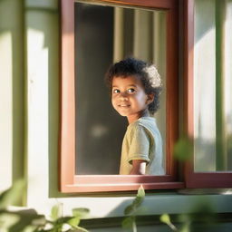 A young child standing inside a house, looking out of a window with a longing expression