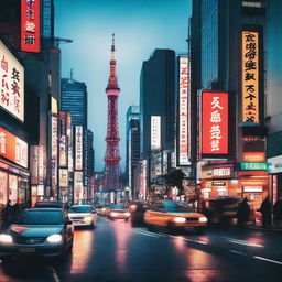 A bustling scene of Tokyo city at night, featuring neon lights, busy streets, and iconic landmarks such as Tokyo Tower