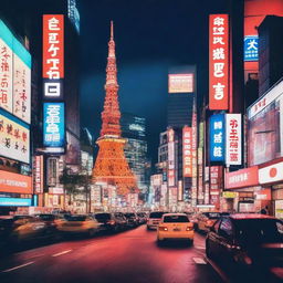 A bustling scene of Tokyo city at night, featuring neon lights, busy streets, and iconic landmarks such as Tokyo Tower