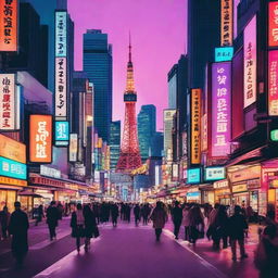 A bustling scene of Tokyo city at night, featuring neon lights, busy streets, and iconic landmarks such as Tokyo Tower