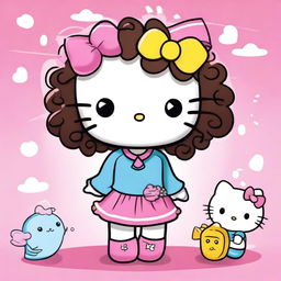 A cute Hello Kitty character with Latina features and curly hair, depicted with a fish-eye lens effect