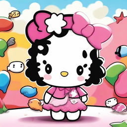 A cute Hello Kitty character with Latina features and curly hair, depicted with a fish-eye lens effect