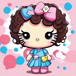 A cute Hello Kitty character with Latina features and curly hair, depicted with a fish-eye lens effect