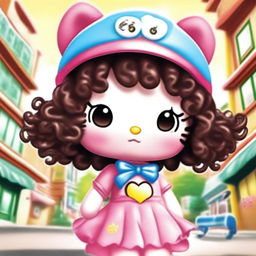 A cute Hello Kitty character with Latina features and curly hair, depicted with a fish-eye lens effect