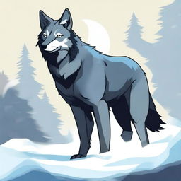 A tall, muscular wolf furry with a dark, smoky gray fur coat stands proudly, exuding an air of dominance and sensuality