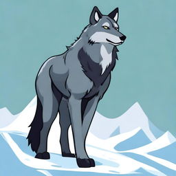 A tall, muscular wolf furry with a dark, smoky gray fur coat stands proudly, exuding an air of dominance and sensuality