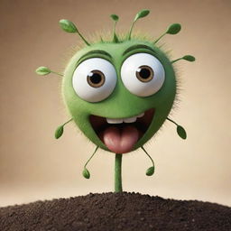 Imagine a creative setting where an animated seed is engaging in a lively monologue. The seed possesses humanlike traits, including expressive eyes and a mouth, as it enthusiastically shares tales of its potential growth into a grand plant.