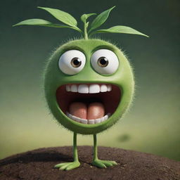 Imagine a creative setting where an animated seed is engaging in a lively monologue. The seed possesses humanlike traits, including expressive eyes and a mouth, as it enthusiastically shares tales of its potential growth into a grand plant.