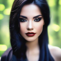 Create an image of a girl with long black hair, now featuring bold makeup on her face