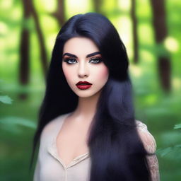 Create an image of a girl with long black hair, now featuring bold makeup on her face