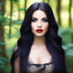 Create an image of a girl with long black hair, now featuring bold makeup on her face