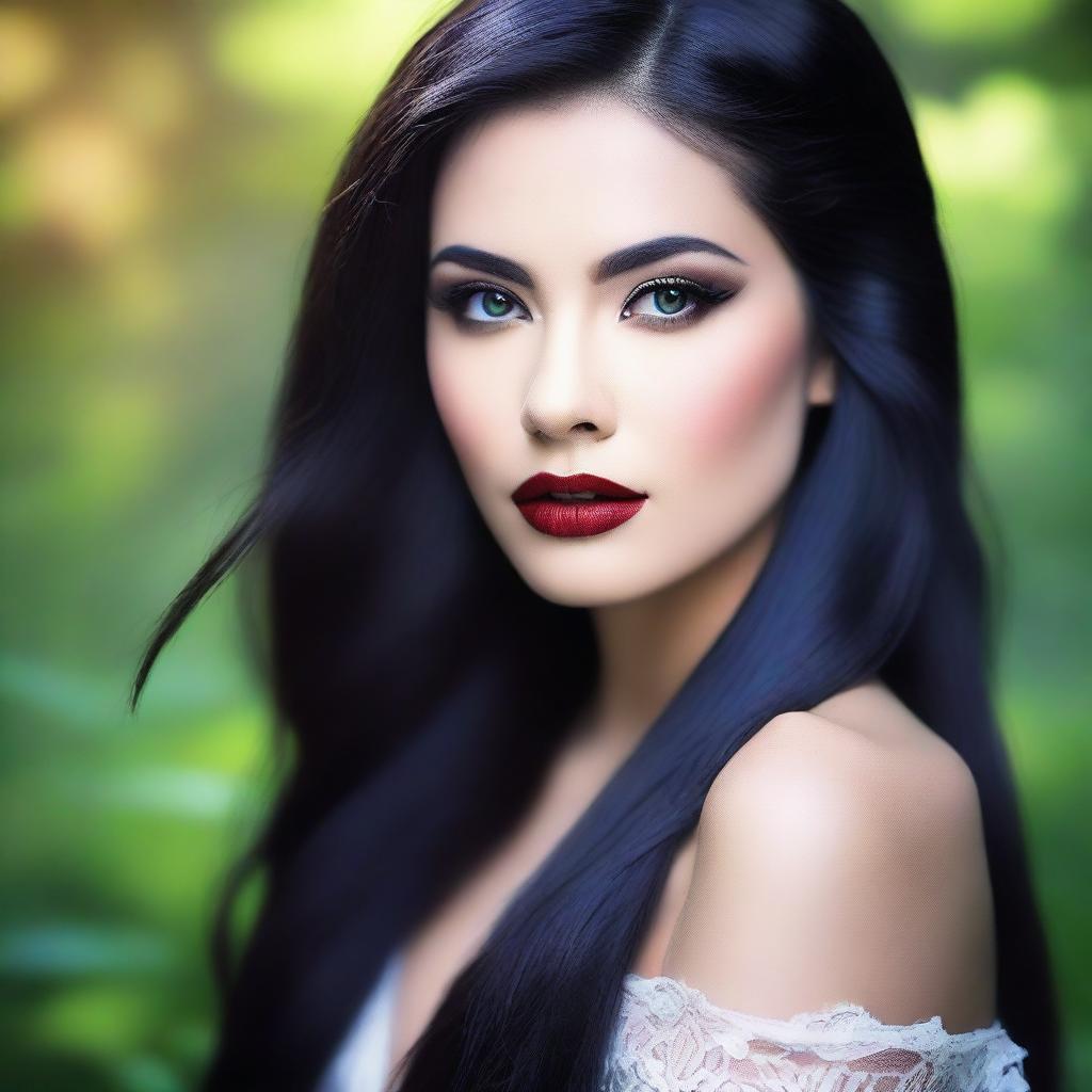 Create an image of a girl with long black hair, now featuring bold makeup on her face