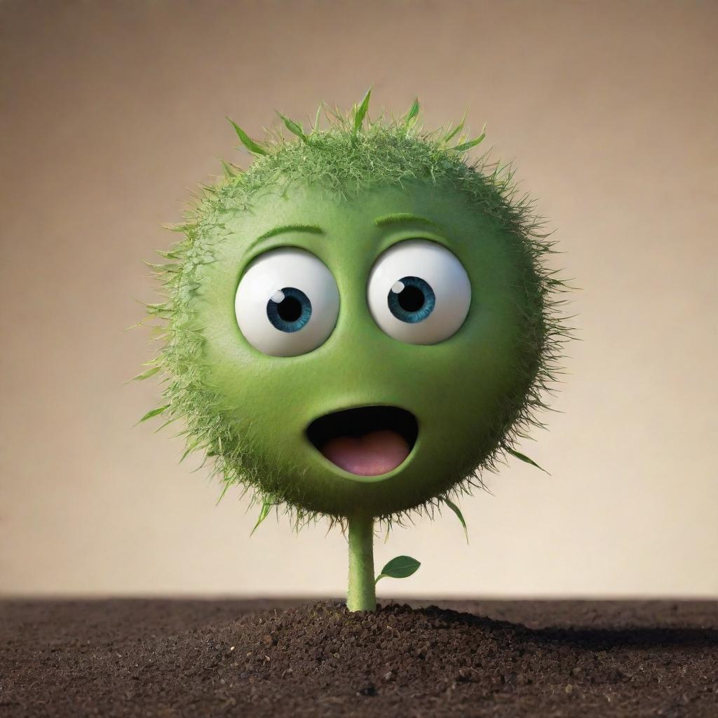 Imagine a creative setting where an animated seed is engaging in a lively monologue. The seed possesses humanlike traits, including expressive eyes and a mouth, as it enthusiastically shares tales of its potential growth into a grand plant.