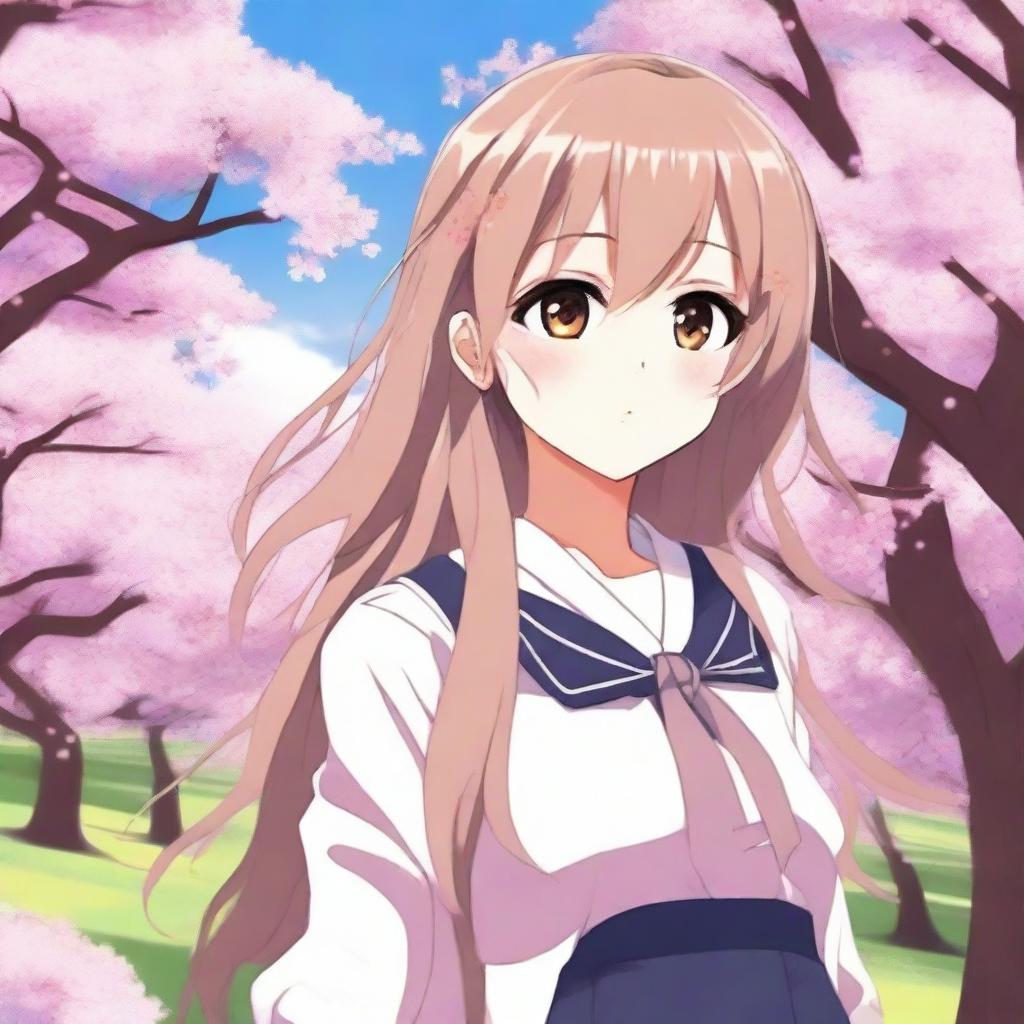 A detailed illustration of an anime girl with long flowing hair, wearing a school uniform, standing in a picturesque background with cherry blossom trees