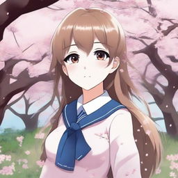 A detailed illustration of an anime girl with long flowing hair, wearing a school uniform, standing in a picturesque background with cherry blossom trees