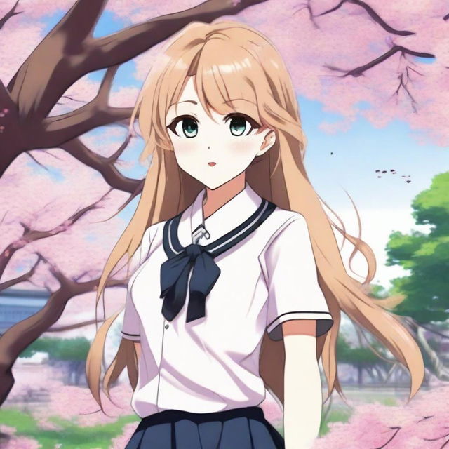 A detailed illustration of an anime girl with long flowing hair, wearing a school uniform, standing in a picturesque background with cherry blossom trees