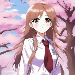 A detailed illustration of an anime girl with long flowing hair, wearing a school uniform, standing in a picturesque background with cherry blossom trees