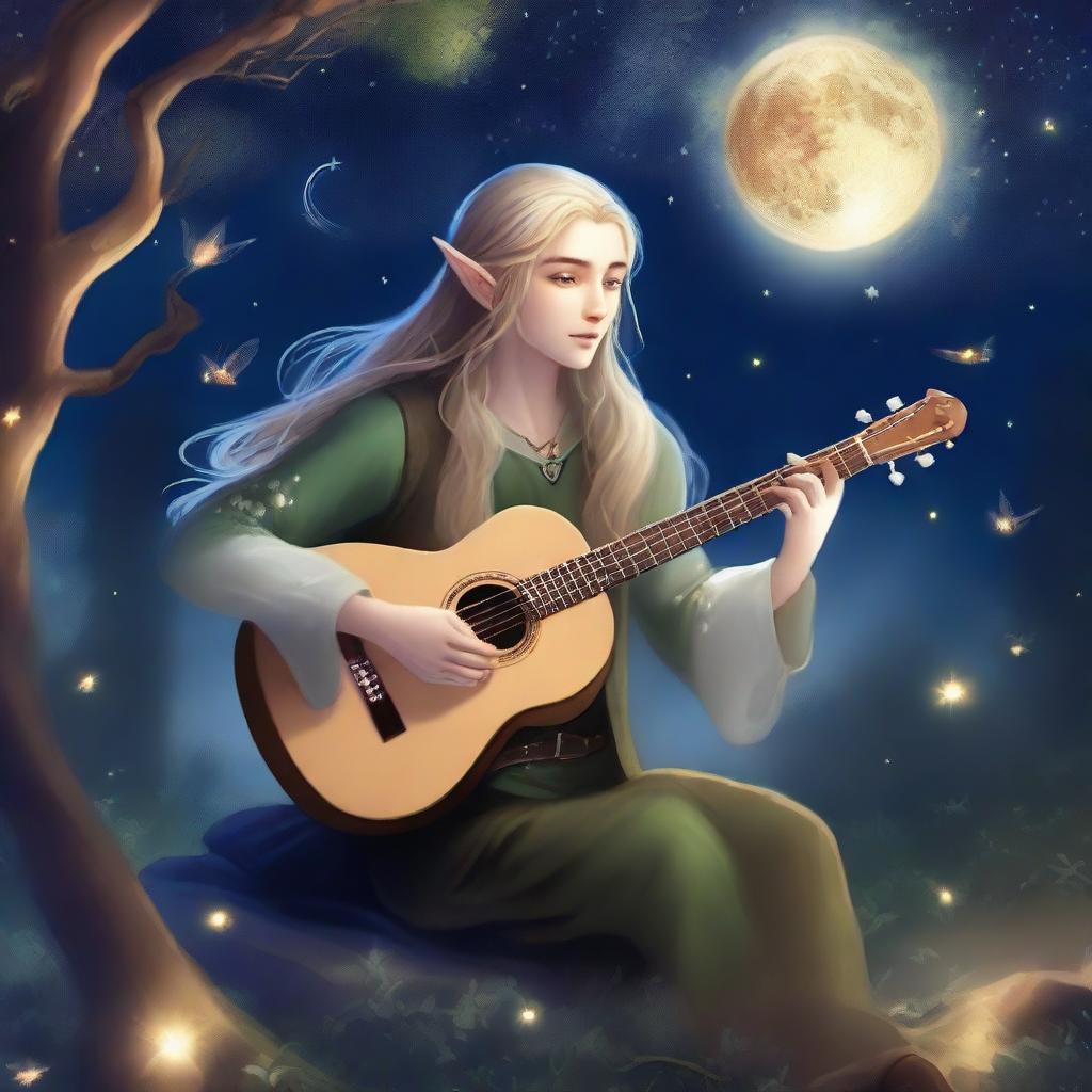 A majestic elf bard playing a lute under a starry night sky, surrounded by an enchanted forest