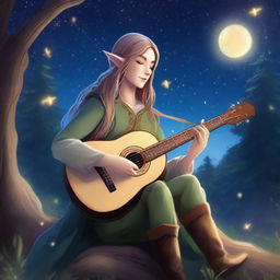 A majestic elf bard playing a lute under a starry night sky, surrounded by an enchanted forest