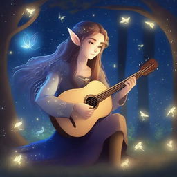 A majestic elf bard playing a lute under a starry night sky, surrounded by an enchanted forest