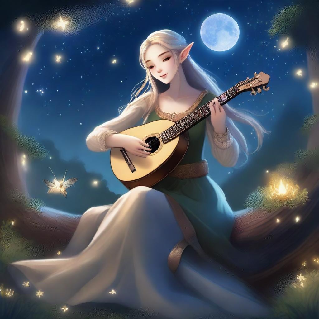 A majestic elf bard playing a lute under a starry night sky, surrounded by an enchanted forest