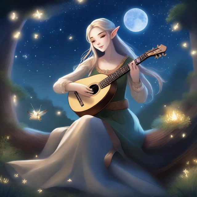 A majestic elf bard playing a lute under a starry night sky, surrounded by an enchanted forest