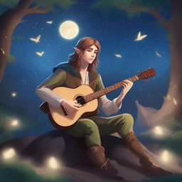 A 26-year-old male elf bard adventurer playing a lute under a starry night sky, surrounded by an enchanted forest