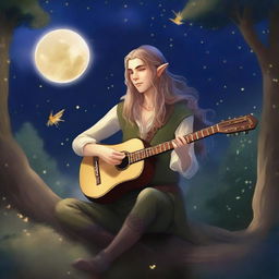 A 26-year-old male elf bard adventurer playing a lute under a starry night sky, surrounded by an enchanted forest