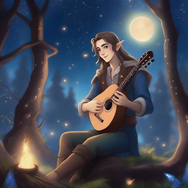 A 26-year-old male elf bard adventurer playing a lute under a starry night sky, surrounded by an enchanted forest