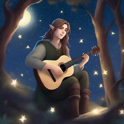 A 26-year-old male elf bard adventurer playing a lute under a starry night sky, surrounded by an enchanted forest