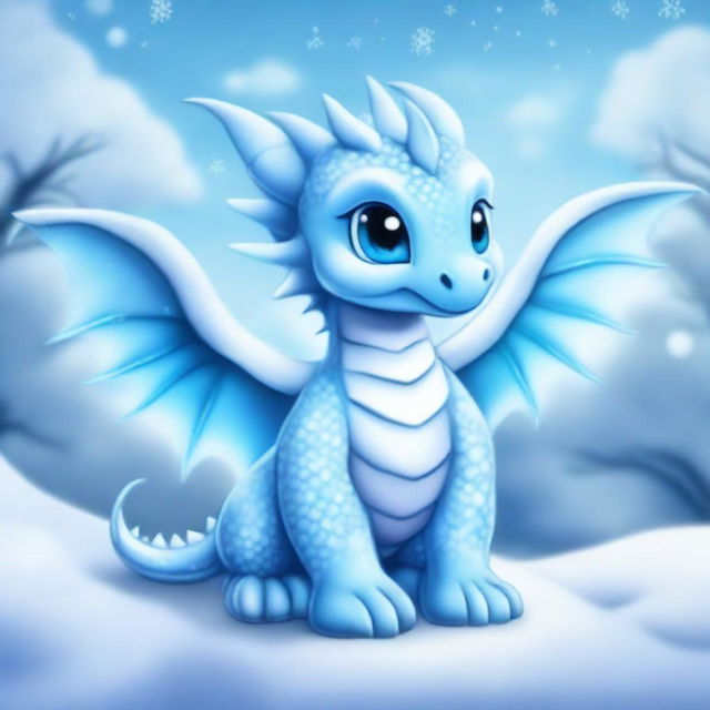 An adorable baby ice dragon depicted in an anime style