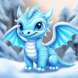 An adorable baby ice dragon depicted in an anime style