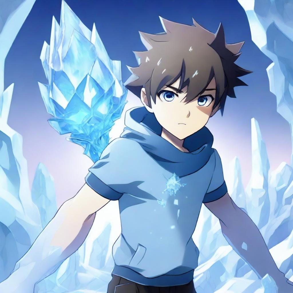 A young boy with the ability to control ice, depicted in an anime style