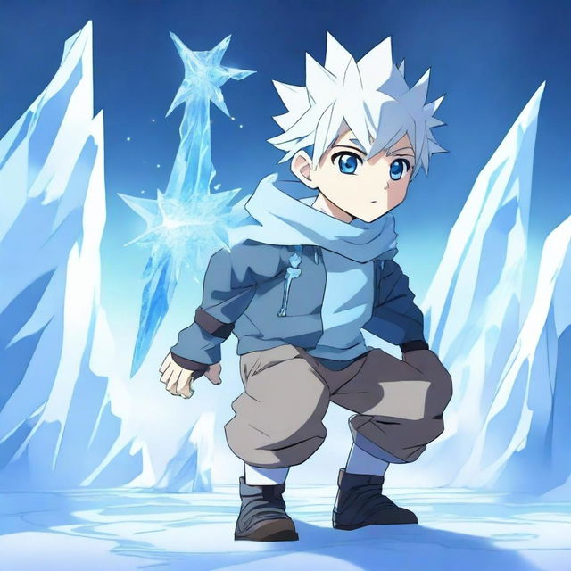 A young boy with the ability to control ice, depicted in an anime style