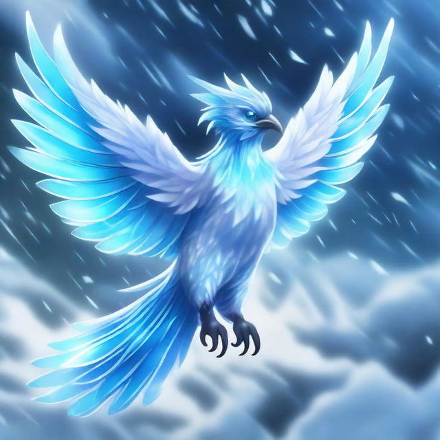 A fierce crystal ice bird depicted in an anime style