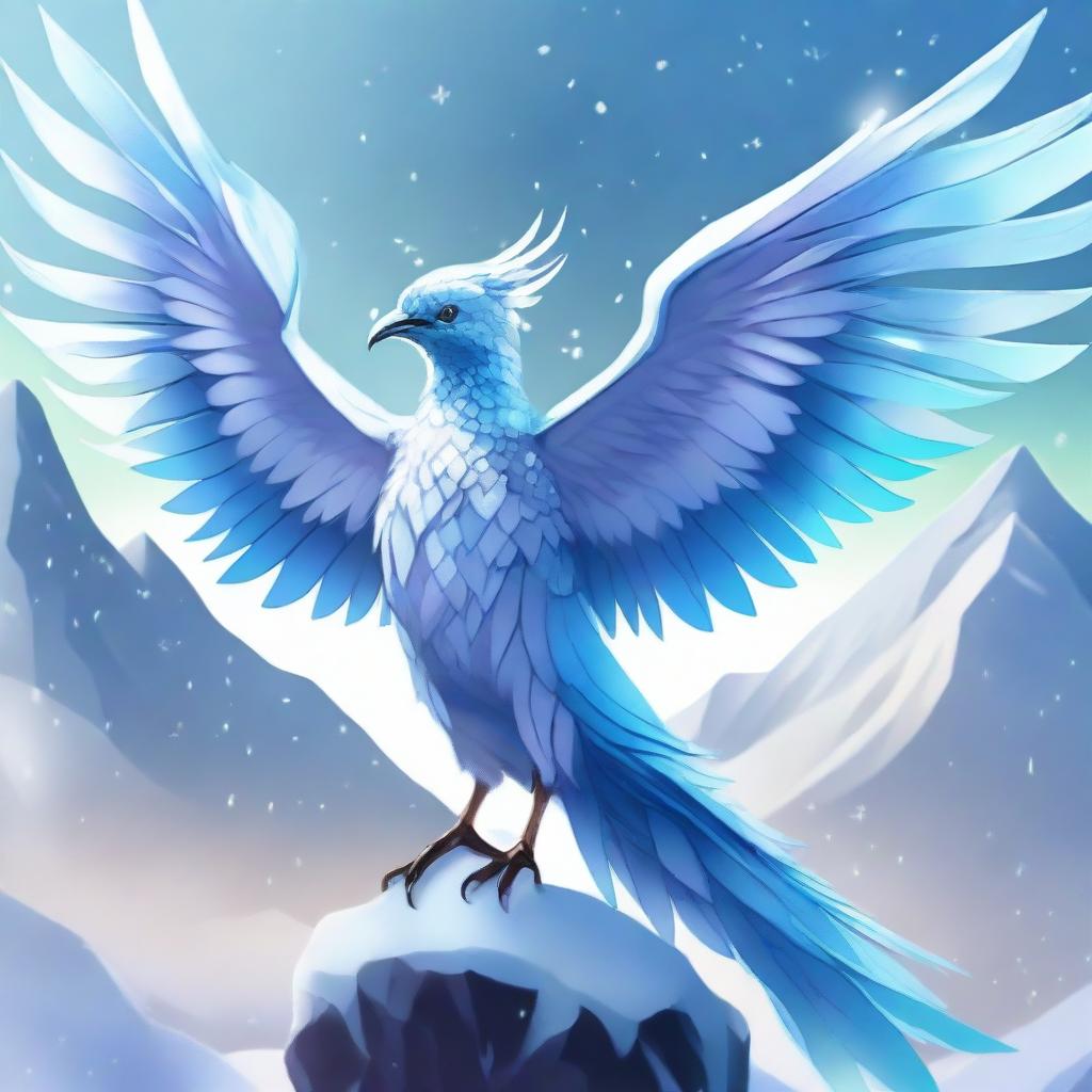 A fierce ice bird with a body made of shimmering crystals, depicted in an anime style