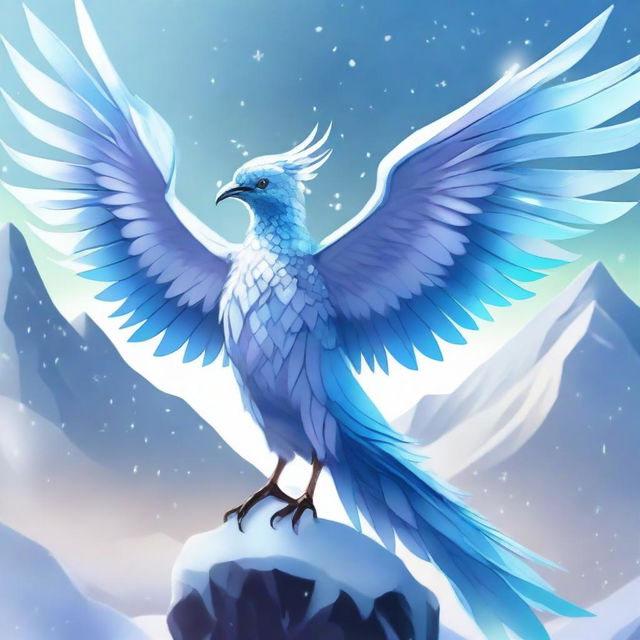 A fierce ice bird with a body made of shimmering crystals, depicted in an anime style