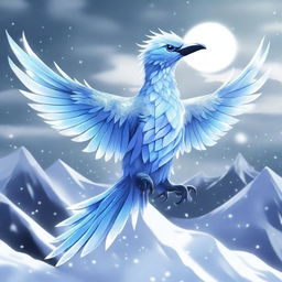 A fierce ice bird with a body made of shimmering crystals, depicted in an anime style