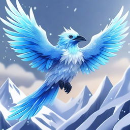 A fierce ice bird with a body made of shimmering crystals, depicted in an anime style