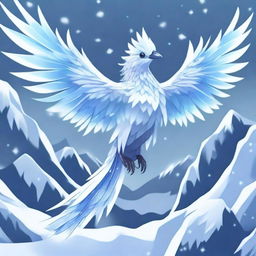 A fierce ice bird with a body made of shimmering crystals, depicted in an anime style