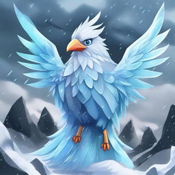 An angry ice bird with a body made of crystals depicted in an anime style