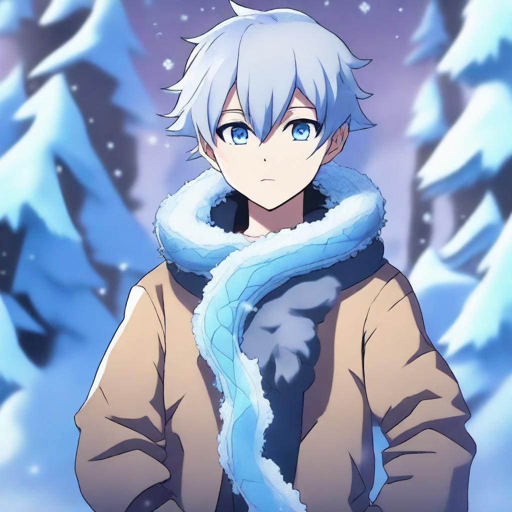 An anime boy standing confidently with an ice crystal snake coiled around him