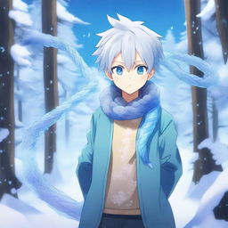 An anime boy standing confidently with an ice crystal snake coiled around him