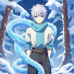 An anime boy standing confidently with an ice crystal snake coiled around him