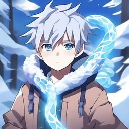 An anime boy standing confidently with an ice crystal snake coiled around him