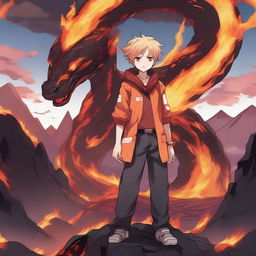 An anime boy standing confidently with a fire lava snake coiled around him