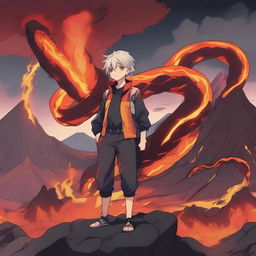 An anime boy standing confidently with a fire lava snake coiled around him